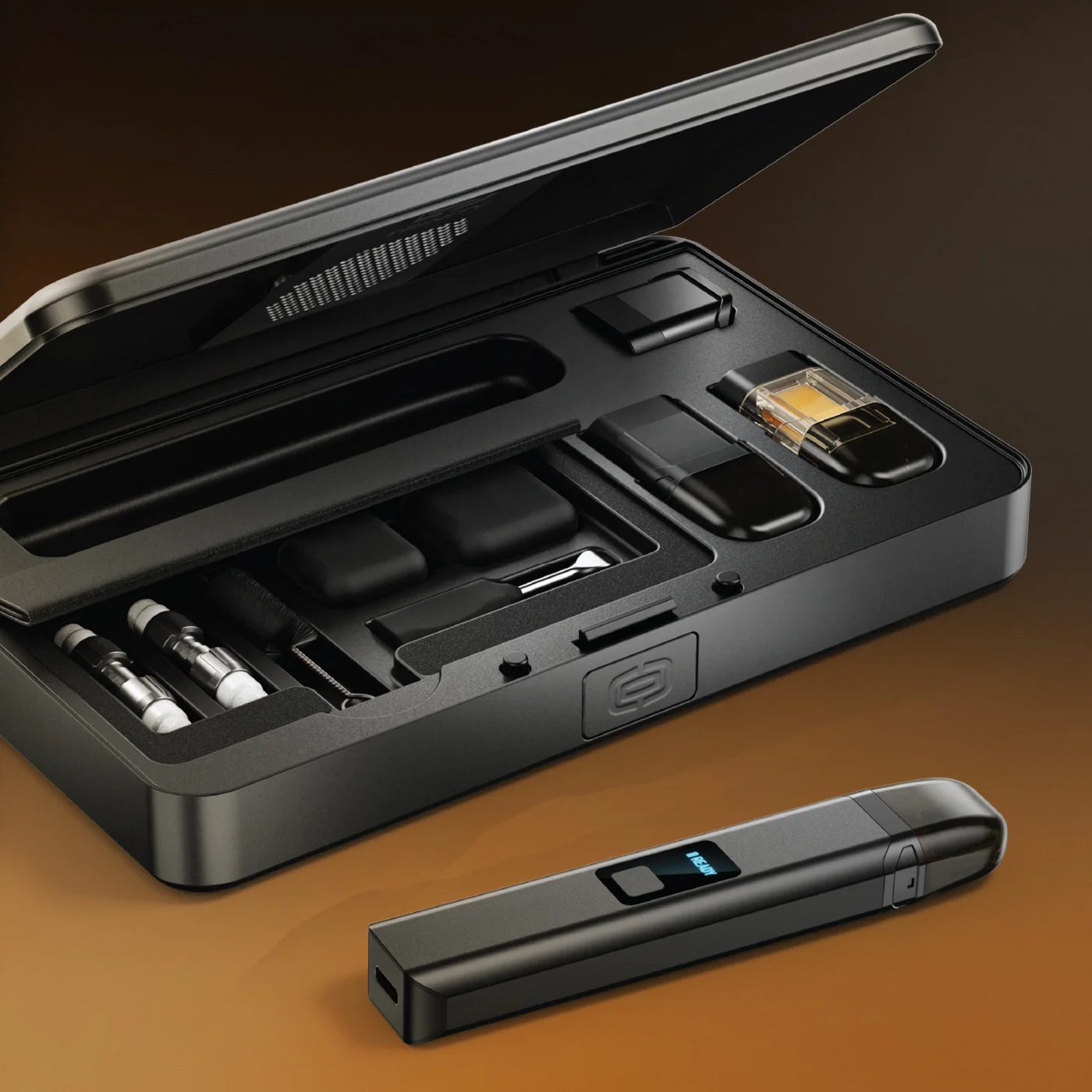 The patented Sauce ONE all-in-one device and pod kit on a dark studio surface